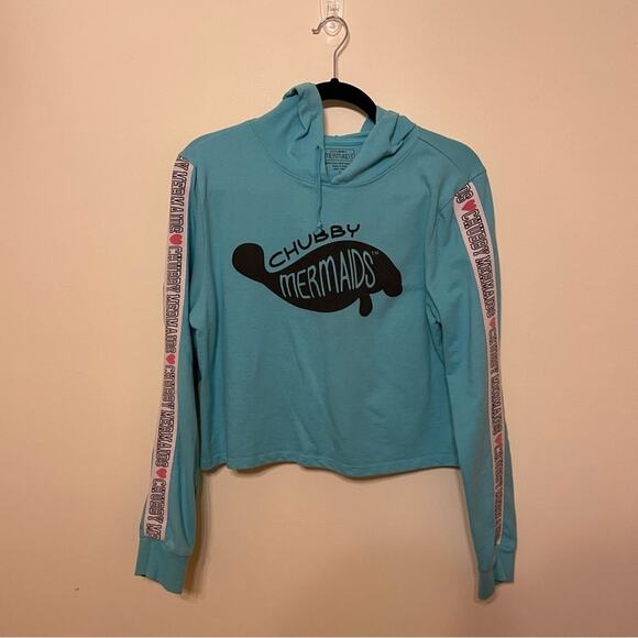 Chubby Mermaids L manatee hoodie heart blue cropped coastal cozy FL - Picture 1 of 7